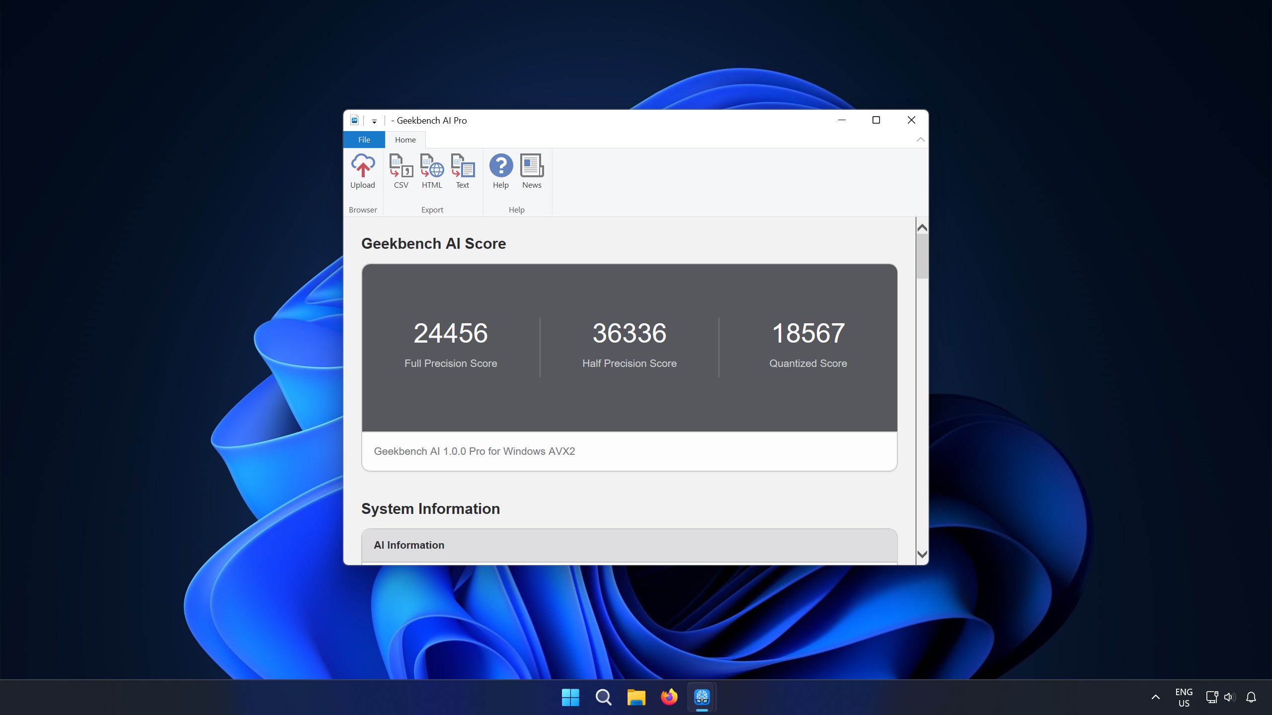 Geekbench AI Benchmark Result on Windows 11