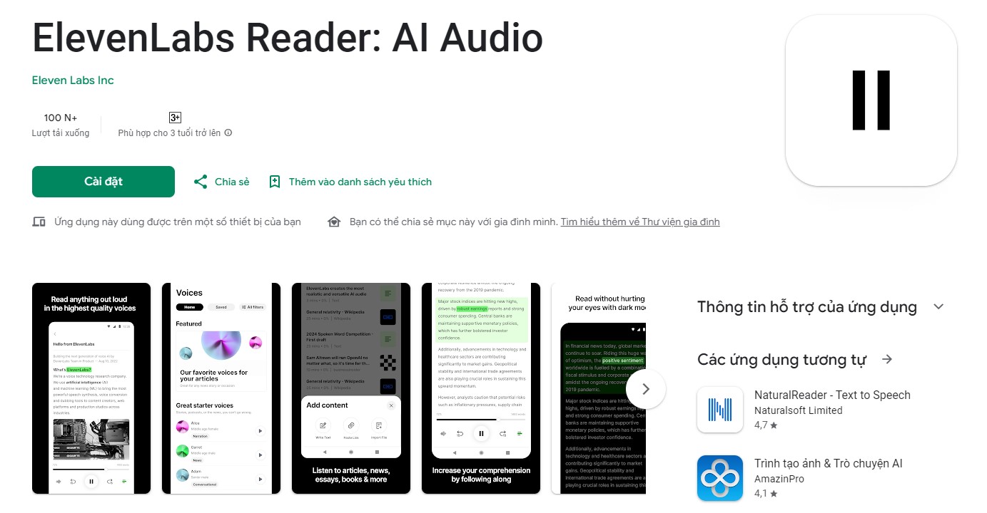 Ứng dụng ElevenLabs Reader